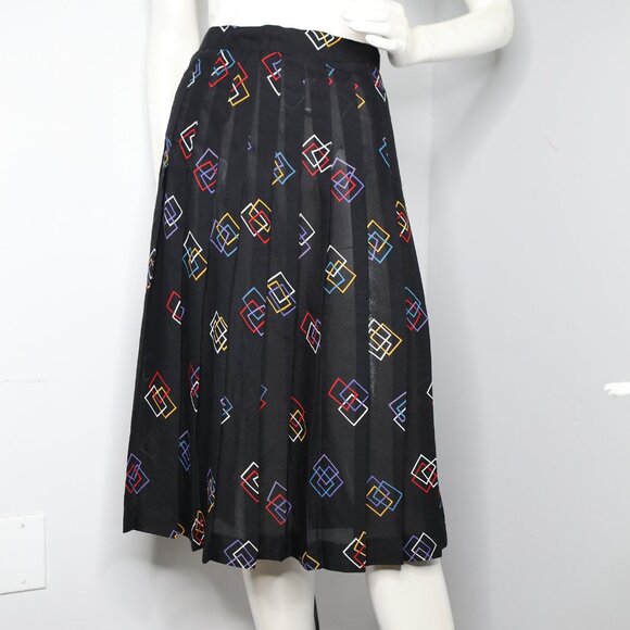 Vintage Midi Pleated Skirt Boho Retro Geo Pattern Summer Black Geek Secretary - Picture 3 of 9